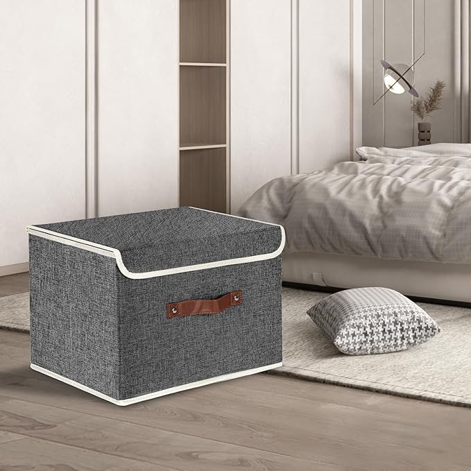 TYEERS Collapsible Storage Boxes, Washable Fabric Storage Bins with Lids, 14.9x9.8x9.8 inches, 2 Pack, Black