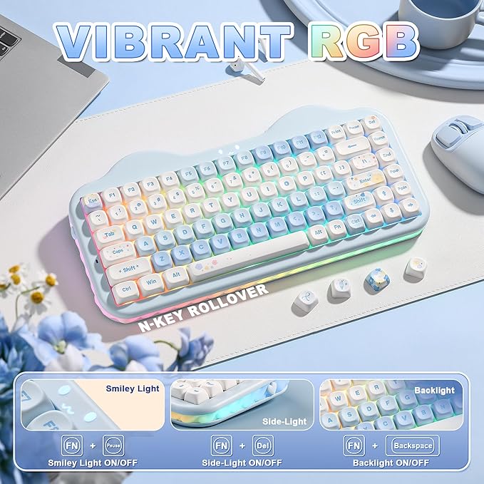 YUNZII C75 Wireless Mechanical Keyboard,75% Layout, Hot-Swappable NKRO,BT5.0/2.4G/USB-C Mode,Dye-Sub PBT MOA Keycaps,RGB Gasket Mount,Cute Cake Design for Mac/Win/Gaming (Blue, Candy Switch)