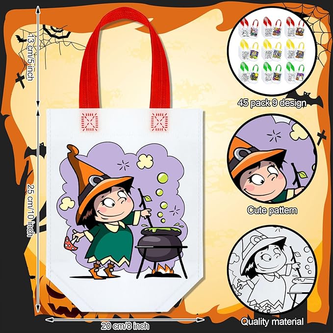 Kacctyen 45 Pcs Cute Coloring Goodie Bags Reusable Halloween Art Party Favor Bags Paint Bags for Kids Halloween Birthday Party Favor Bags Color Your Own Bag Graffiti Goodie Bags, 9 Styles