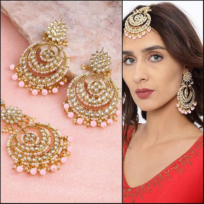 Aheli Bollywood Ethnic Chandbali Style Big Earrings Maang Tikka Set Traditional Fashion Jewelry Gift for Women