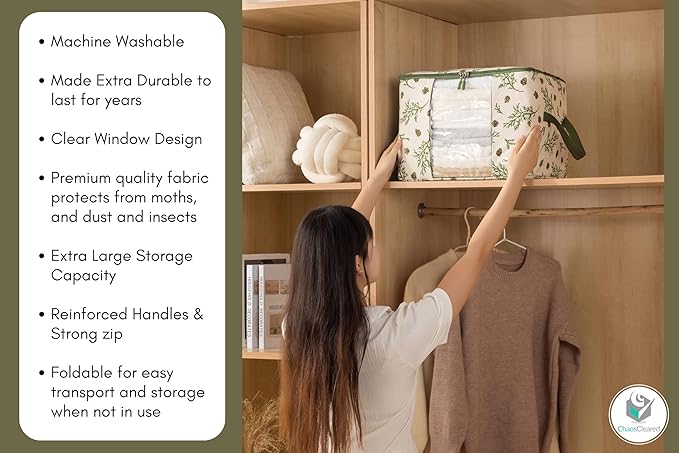 Canvas Storage Bags Designer Organizer 2 Pack – Seasonal Storage for Sweaters, Blankets, Linens & Garments – Foldable Design with Zip & Window, Moth-Proof Space Saver, Mistletoe Print