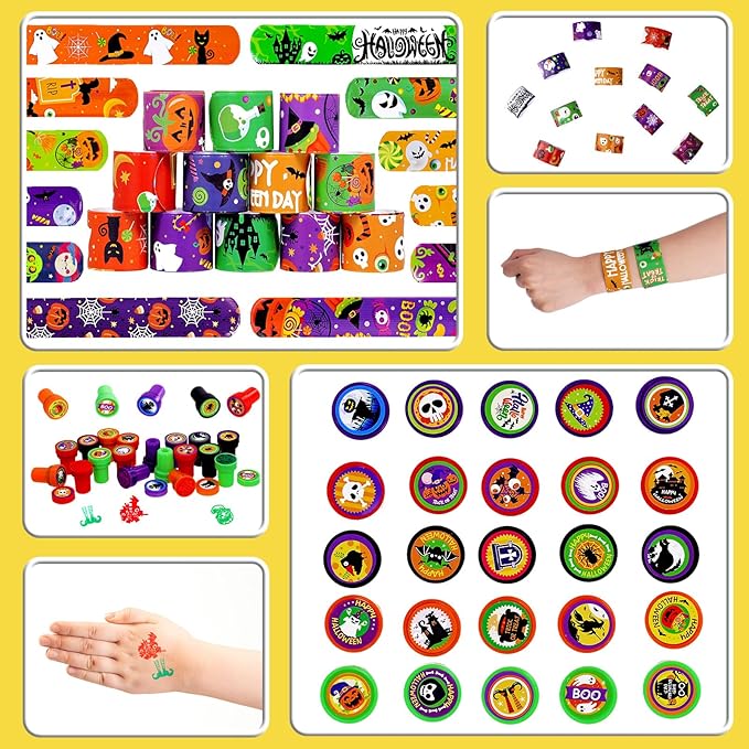 Garma Halloween Party Favors Toys for Kids, 25 Pcs Halloween Assorted Stamps with 12 Pcs Slap Bracelets and 288 Tattoos Halloween Goody Bag Fillers for Classroom Reward Prize Non Candy Party Supplies
