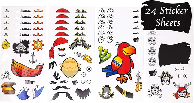 24 Make A Pirate Stickers for Kids - Great Pirate Theme Birthday Party Favors - Fun Craft Project for Children 3+ - Let Your Kids Get Creative & Design Their Favorite Pirate Stickers