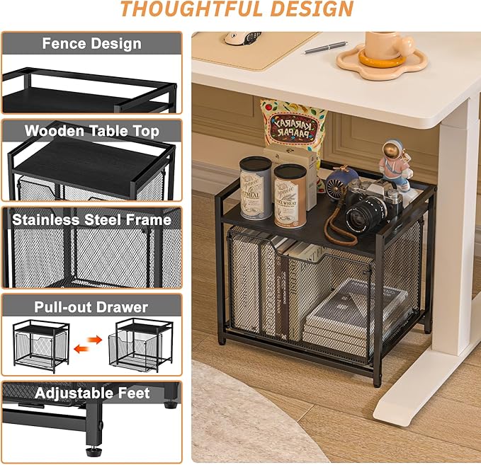 JKsmart Under Desk Storage, Printer Stand with Drawer, Rolling File Cabinet with Adjustable Table Top, 2 Tier Industrial Shelf on Fixed Feet Wheels, Sofa Side Table Organizer for Home, Office, Black