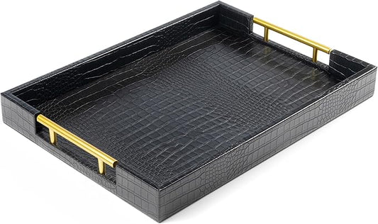 ATZYmolin 17" x 12" Wood Serving Tray with Gold Polished Metal Handles, Home Decorative Wooden Rectangle Ottoman Leather Decor Platter Bathroom Vanity Tray for All Occasions Alligator Black