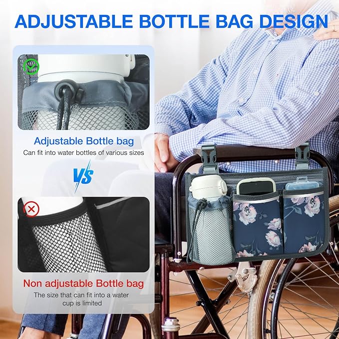 Wheelchair Bag, Walker Bag, Wheelchair Side Bag, Armrest Organizer Pouch with Cup Holder Attachment and Reflective Strip, Accessories for Most Wheelchairs, Walker, Rollators, Rosa