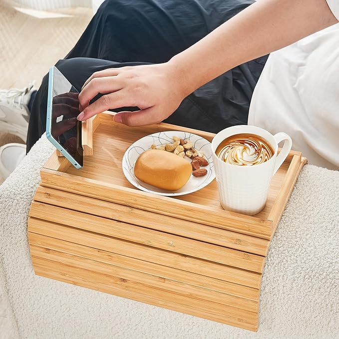 Bamboo Sofa Arm Tray, Anti Falling Couch Arm Tray Armrest Table with 360° Rotating Phone Holder, Foldable and Portable Sofa Armrest Trays Cup Holder for Drink,Cups, Phone, Snacks, Remote
