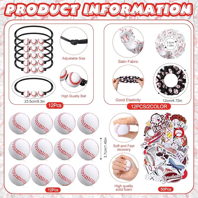 86 Pcs Baseball Party Favors 50 Sheets Baseball Stickers 12 Sports Stress Ball Mini Foam Baseball Ball, 12 Baseball Charm Bracelets, 12 Baseball Scrunchie Sports Valentines Baseball Gifts Supplies