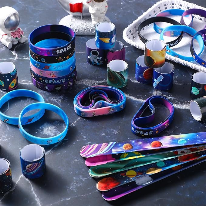 48 Pcs Outer Space Party Favors 24 Space Slap Bracelets 24 Silicone Wristbands Galaxy Astronaut Bracelets Bulk for Kids Classroom Rewards Stars Solar System Planet Birthday Party Supplies