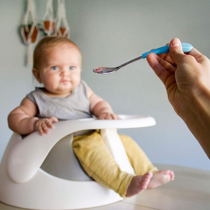 Avanchy Infant Baby Spoons Stainless Steel and Silicone Set, Self Feeding Food Utensils, 4 Months Baby Led Weaning, 2 Pack, Magenta