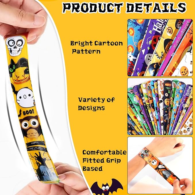 36pcs Halloween Slap Bracelets Assorted Bulk Pumpkin Snap Wristbands and 50Pcs Stickers Party Favors Gift Filler Supply