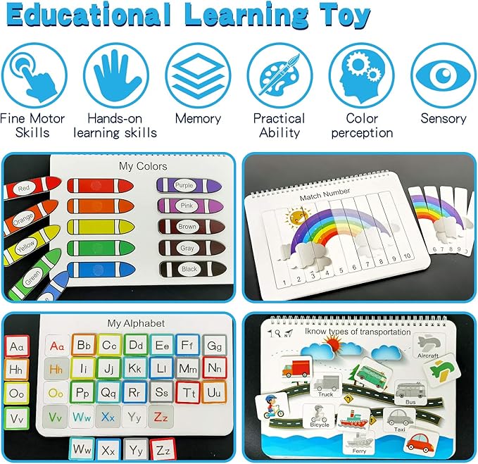 Busy Book for Kids, Montessori Autism Sensory Educational Toys, 12 Pages Toddler Preschool Activity Binder and Early Learning Toys - for Boys & Girls Develops Fine Motor Skills