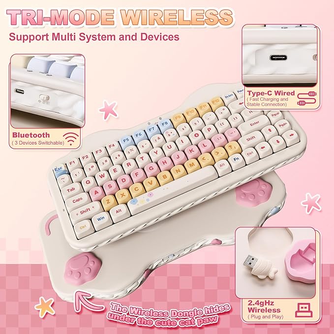 YUNZII C75 Wireless Mechanical Keyboard,75% Layout, Hot-Swappable NKRO,BT5.0/2.4G/USB-C Mode,Dye-Sub PBT MOA Keycaps,RGB Gasket Mount,Cute Cake Design for Mac/Win/Gaming (Beige, Milk V2 Switch)