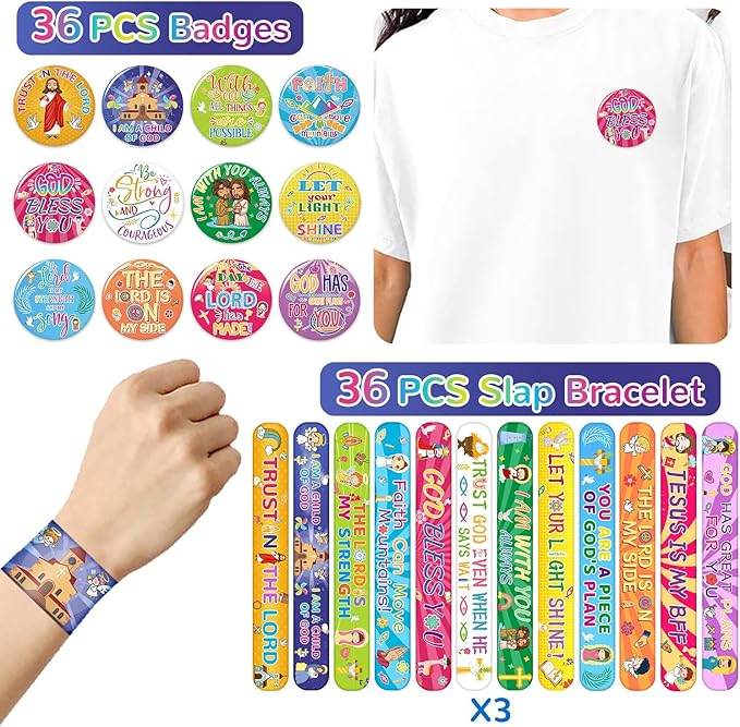 72PCS Religious Slap Bracelets with Christian Button Pins Jesus Love You Wristbands Sunday School Supplies Christian Gifts Jesus Snap Bracelets Christian Badges for Kids Adults Birthday Party Favors