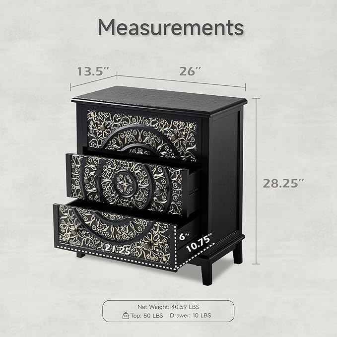 COZAYH 3-Drawer Fully-Assembled Flower Motif Dresser Set of 2 for French Country, Modern, Rustic Style, Distressed Finish, Gold & Black