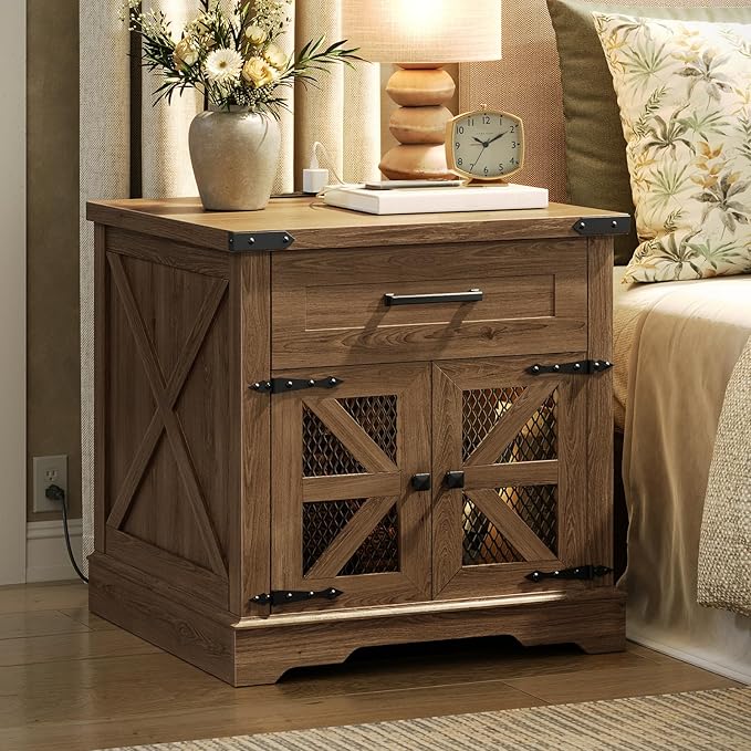 Walnut Farmhouse End Table with Charging Station, 24" Large Sofa Side Table with Drawer, Large End Table for Living Room, Wooden Nightstand with Outlet, Square, Walnut