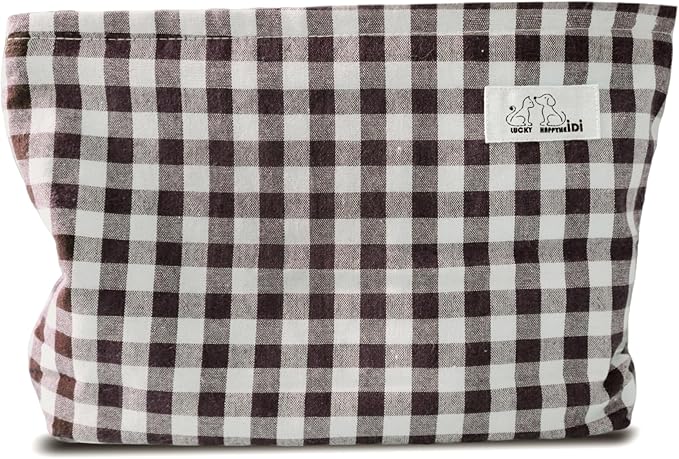 HAPPYHEIDI Brown Gingham Cotton Makeup Bag Cosmetic Travel Pouch Purse Organizer, Zipper Closure, Canvas Lined, Vintage Coffee Brown