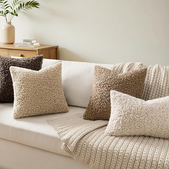 Woaboy Faux Fur Throw Pillow Covers 20x20 Inch Set of 2 Boucle Neutral Decorative Sherpa Fuzzy Accent Soft Sheepskin Fleece Cushions Modern Home Decor for Couch Sofa Bedroom Living Room,Oatmeal