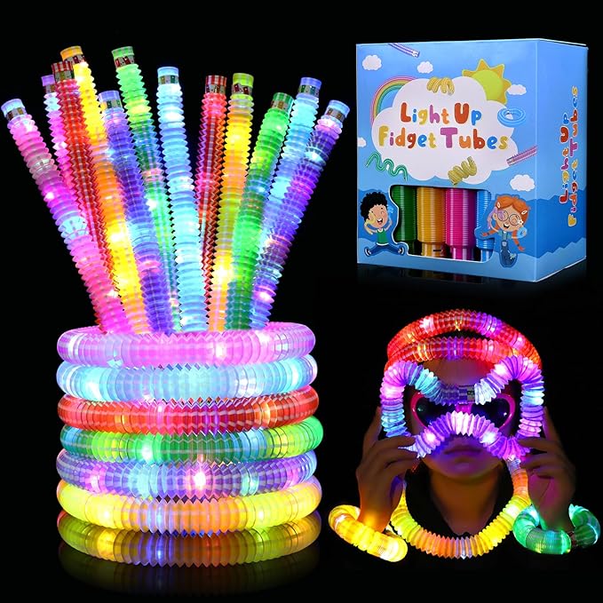 Gigilli Glow Sticks for Kids 6 PCS, Light up Pop Tubes Sensory Fidget Toys, Valentines Day Party Favors for Kids 8-12 4-8, LED Glow Bracelet Necklace for Boys Girls, Glow in the Dark Birthday Gifts
