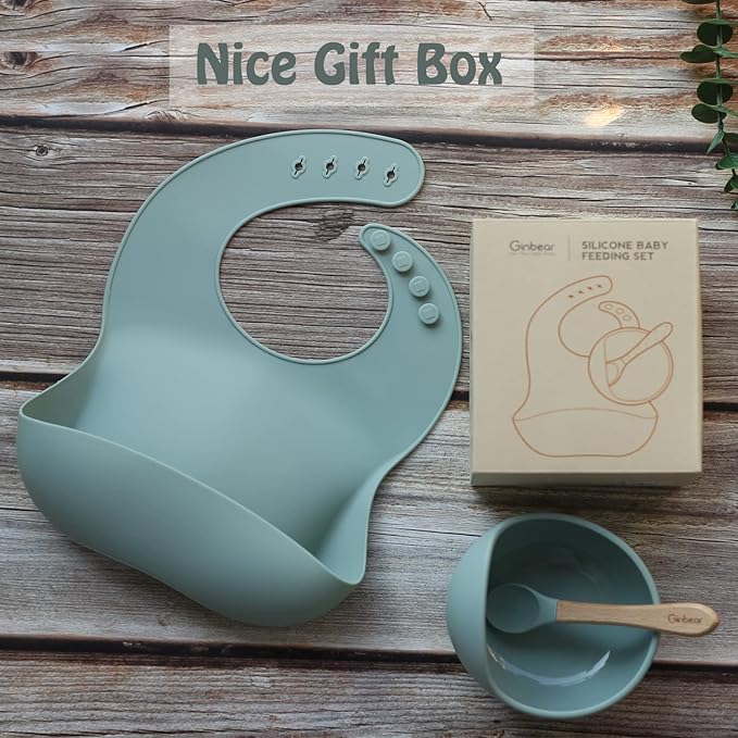 Ginbear Baby Bowls with Suction, Silicone Bibs, Baby Spoons, Baby Led Weaning Supplies, Toddler Feeding Set for Ages 6 Months+ (Hazy Green)