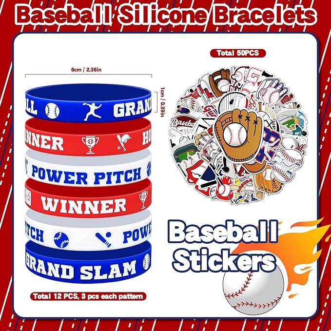 122Pcs Baseball Party Favors Baseball Goodie Bags Favors with Stress Ball Keychain Tattoo Sticker Silicone Bracelet for Baseball Themed Birthday Party Supplies