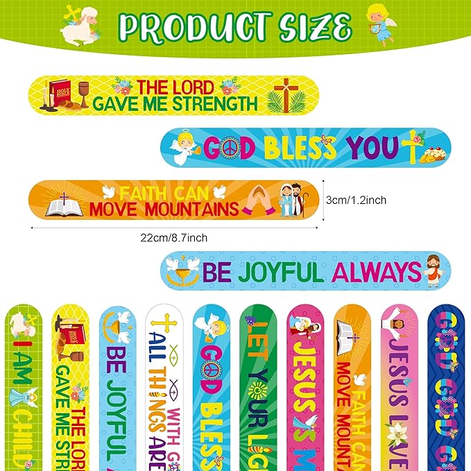 Frienda 60 Pcs Easter Religious Gifts Religious Slap Bracelets with Badges Christian Gifts for Kids Jesus Love You Wristbands Bracelets for Vbs Sunday School Supplies Birthday Party Favors(God)