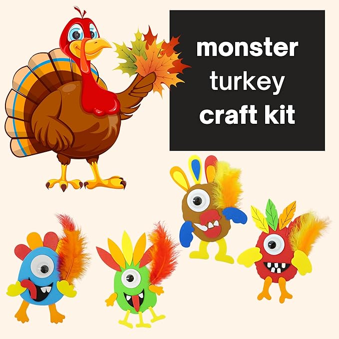 4E's Novelty Monster Turkey Crafts for Kids (12 Pack) Halloween Bulk Foam Magnet Craft Kit, Thanksgiving Crafts for Kids 4-8, 3-12, Thanksgiving Activities for Kids