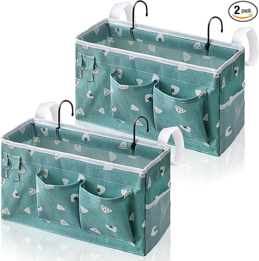 2pcs Bedside Caddy Hanging Storage Bag, Organizer Baskets with Pockets for Bunk Bed Shelf and Hospital Beds, Loft & Dorm Rooms Chair Bed Rails Accessories (Bedside bag-Riceball)