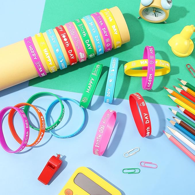 JUNEBRUSHS 100th Day of School Party Favors, 42pcs 100 Days of School Silicone Bracelets Rubber Wristbands for Kids School Party Students Kindergarten Teacher Preschool Gift Decorations Supplies
