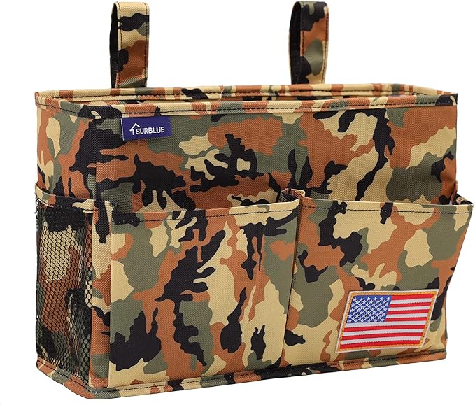 Surblue Bedside Caddy Hanging Organizer Storage Bag Pocket for Bunk, Hospital Beds, College Dorm Rooms, Baby Bed Rails, Wheelchair Side Bag, Camp Chairs, 4 Pockets and 2 Hooks (Small Desert)