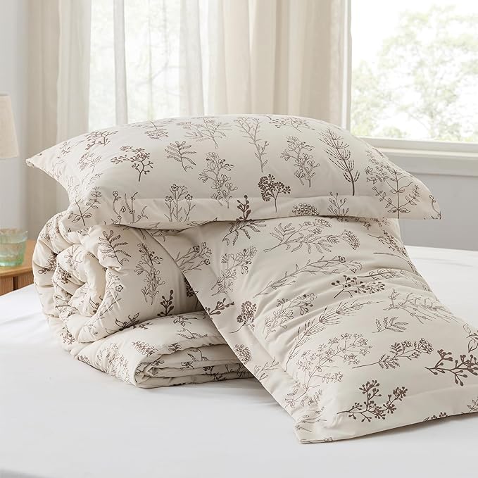 Bedsure Queen Comforter Set - Beige Bed Set, 3 Pieces Cute Floral Bedding, 1 Soft Botanical Flowers Comforter and 2 Pillow Shams