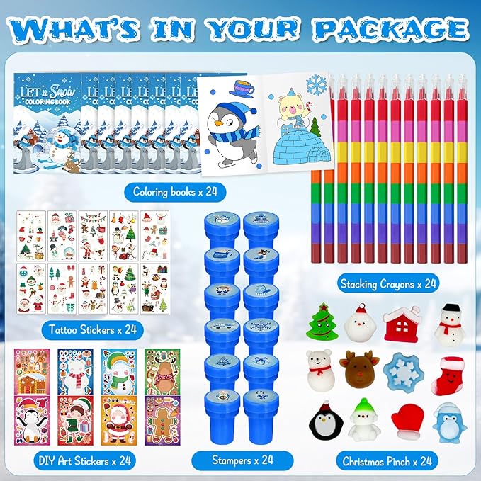 Cinrobiye 144 Pcss Merry Christmas Party Favors Max Holiday Coloring Books Tattoo DIY Sticker Stampers Class Reward Prizes for Christmas Holiday Winter Party supplies (Winter2)