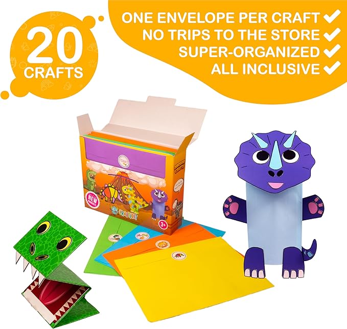 Craftikit® 20 Award-Winning Dinosaur Crafts for Kids - Award-Winning All-Inclusive Fun Toddler Arts and Crafts Box for Kids, Dinosaur Crafts for Toddlers Ages 3-5, Organized Toddler Craft Kit