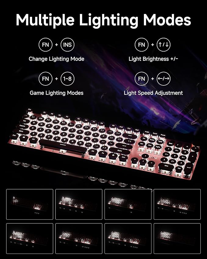 EWEADN Typewriter Style Mechanical Keyboard, Wired Typewriter Keyboards,104 Keys Backlit LED Metal Keyboards, Media Control Knob, Wired Computer Keyboard White Switch for Windows/Mac/PC-Dark Pink