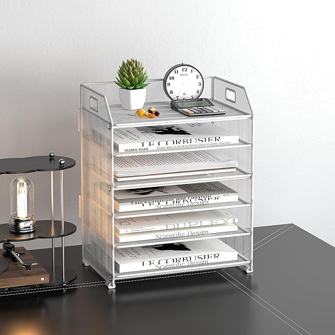 6 Tier Desk Organizer, Heavy-Duty Thick Metal Letter Tray Organizer, Large Capacity Desktop File Organizer for Heavy Files, Easy to Assemble for Home, Office & Classroom,Black,White