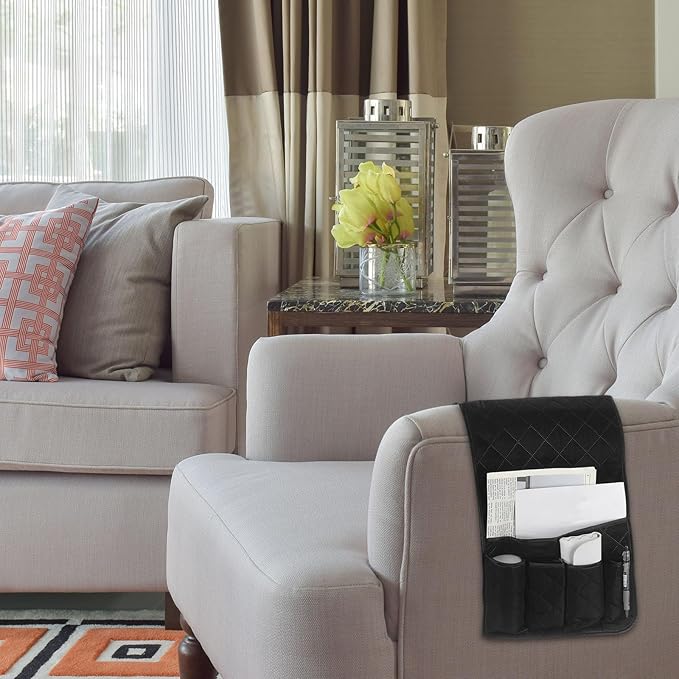 uxcell 1 Pcs Recliner Armchair Caddy, Couch Armrest Organizer with 5 Pockets for Bedside Sofa Remote Control Holder Magazine Phone Book Glasses (Wine Red, 35"x13")