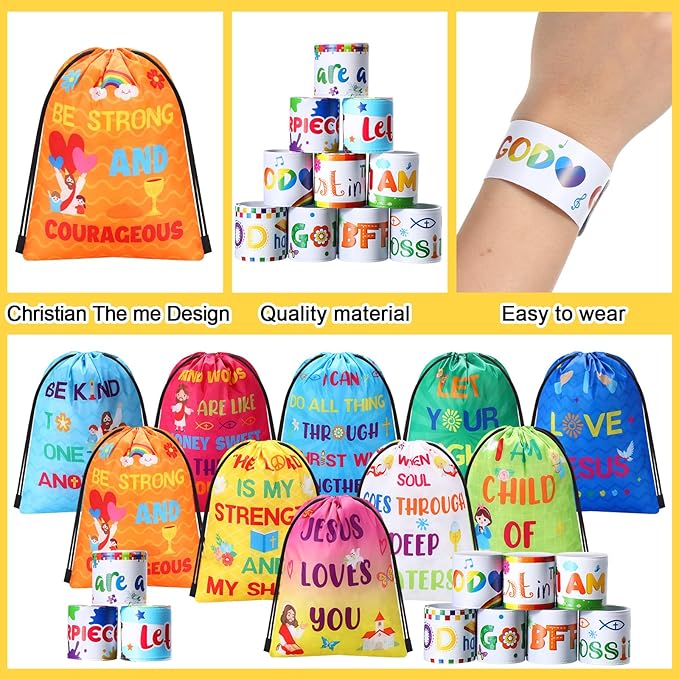 Frienda 10 Sets Christian Gift Bags Bulk Bible Verse Drawstring Bags with Jesus Slap Bracelets Religious Party Favors Gifts Jesus Loves You for Sunday School Classroom Prizes Party Supplies(Stylish)