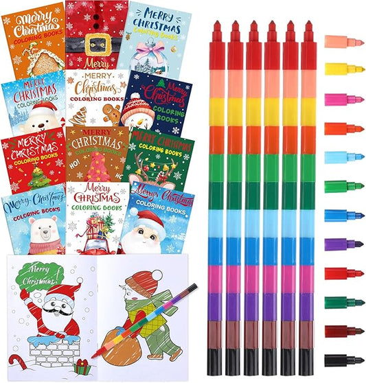 Funrous 24 Pcs Christmas Coloring Book for Kids Bulk with 24 Crayons, Christmas Activity Books with Marker Xmas Stocking Goodie Bag Stuffers for Holiday Students Classroom Gifts Party Favors (Lovely)