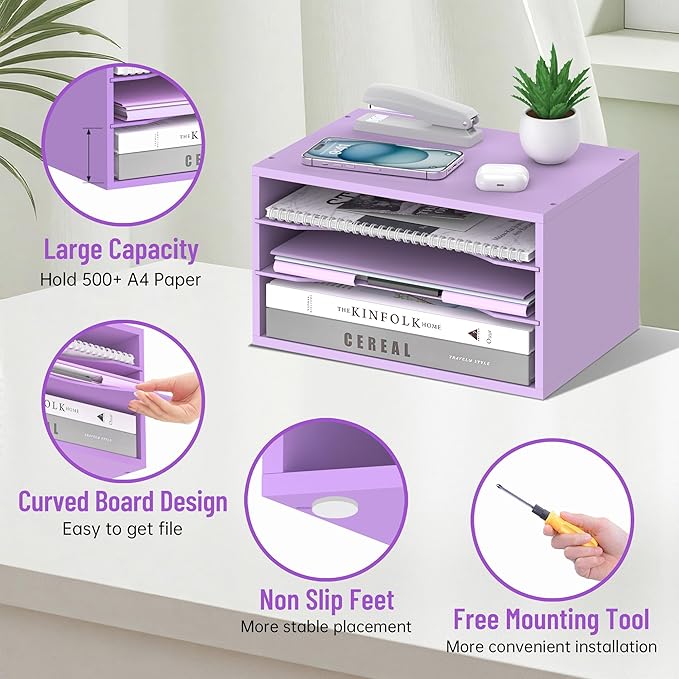 Wood Desk Organizer, 3 Tier Paper Tray Organizer for Desk with Adjustable Storage Shelves, Desktop File Organization Paper Sorter Mail Holder for Office Home Classroom, Purple
