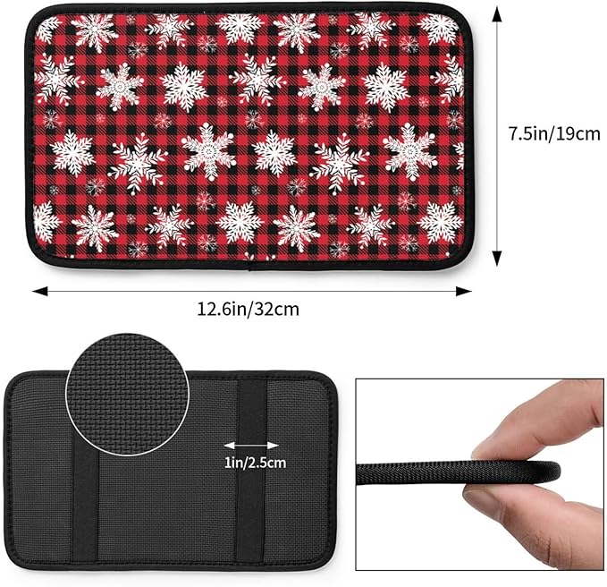DORKEIXIA Snowflake Christmas Red Buffalo Plaid Auto Center Console Armrest Pad Universal Car Center Console Cover Seat Box Cover for Sedan, Van, SUV, Truck Car Accessorie
