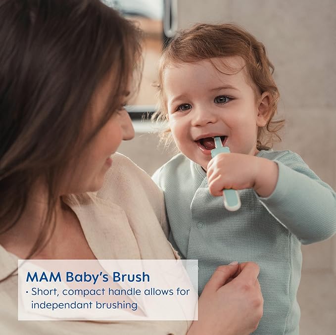 MAM Baby Toothbrushes (2 Baby's Brushes and 1 Safety Shield), Toothbrushes with Brushy The Bear Character, Interactive App, for Girls 6+ Months, Pink