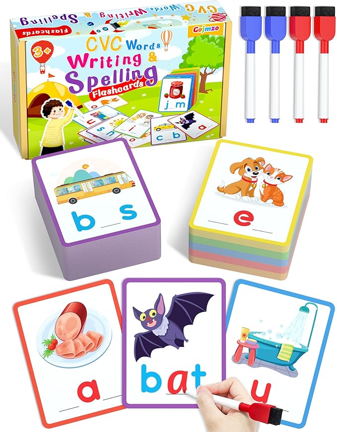 Gojmzo CVC Word Writing & Spelling Flash Cards, Preschool Learning Toddler Activities, Kindergarten Homeschool Supplies, Sight Words Reading Game, Montessori Educational Toys for 3 4 5 6 Year Old Kids