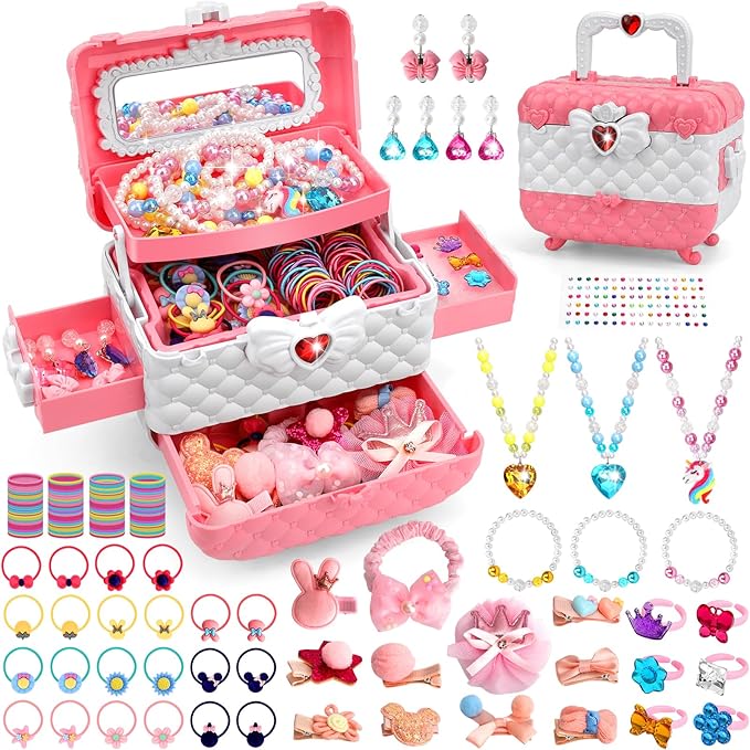 Kids Jewelry Toys for Girls Age 3 4 5 6 7 8 9 10, Toddler Dress Up Toy, Pretend Play Jewelry Set, Princess Jewelry with Hair Clips, Hair Ties, Toddler Girl Toys, Christmas Birthday Gifts for Girls