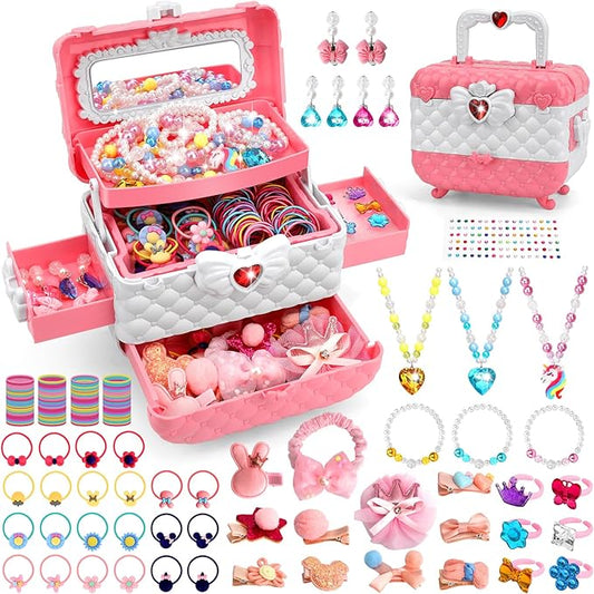 Kids Jewelry Toys for Girls Age 3 4 5 6 7 8 9 10, Toddler Dress Up Toy, Pretend Play Jewelry Set, Princess Jewelry with Hair Clips, Hair Ties, Toddler Girl Toys, Christmas Birthday Gifts for Girls