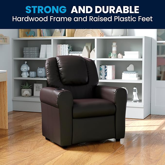 Flash Furniture Vana LeatherSoft Kids Recliner with Cup Holder, Headrest, and Safety Recline, Contemporary Reclining Chair for Kids, Supports up to 90 lbs., Brown