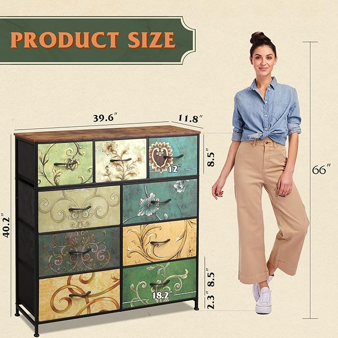 WLIVE 9-Drawer Dresser, Fabric Storage Tower for Bedroom, Hallway, Entryway, Closet, Tall Chest Organizer Unit with Fabric Bins, Steel Frame, Wood Top, Easy Pull Handle, Floral Painted
