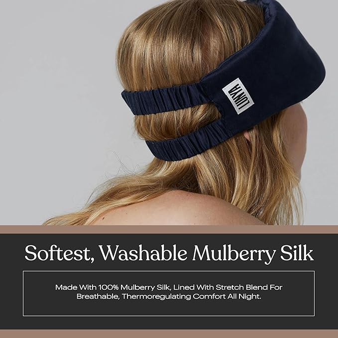 Lunya Weighted Silk Sleep Mask – Mulberry Silk Eye Cover with Cooling Glass Beads, Noise-Reducing Fit, Washable Fabric, and Travel Pouch – Sleeping Mask for Men and Women - Deep Blue – Large