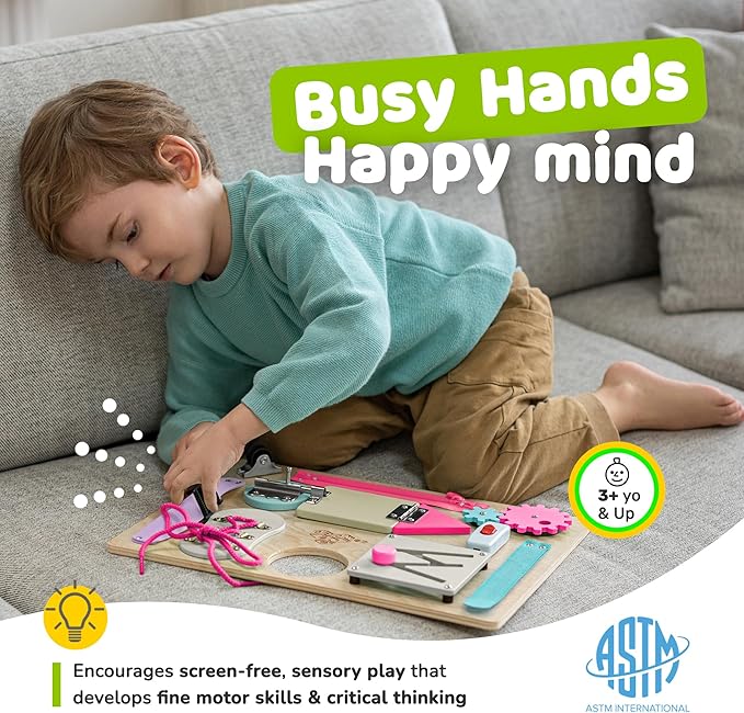 Busy Board Montessori Toys for Toddlers, Sensory Wooden Toy with 10 Preschool Learning Activities for Fine Motor Skills, Educational Plane and Car Travel Toy for Toddlers Boys and Girls