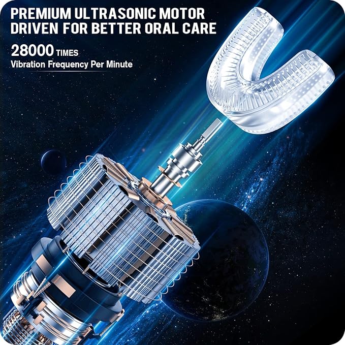 RexCodar Ultrasonic Kid's U-Shaped Electric Toothbrush, IPX7 Waterproof, Five Cleaning Modes, 60S Smart Reminder (Blue Ages 6-12)