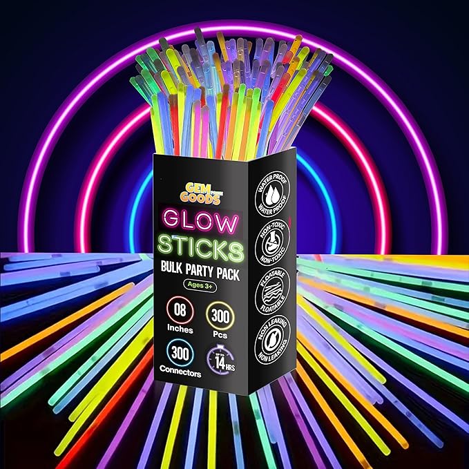 GemPrime 300 Pack Super Bright Glow Sticks Bulk Glow in the Dark Party Supplies - Assorted Colors for Party Favors, Long Lasting Neon Party Decorations with Connectors for Bracelets and Necklaces
